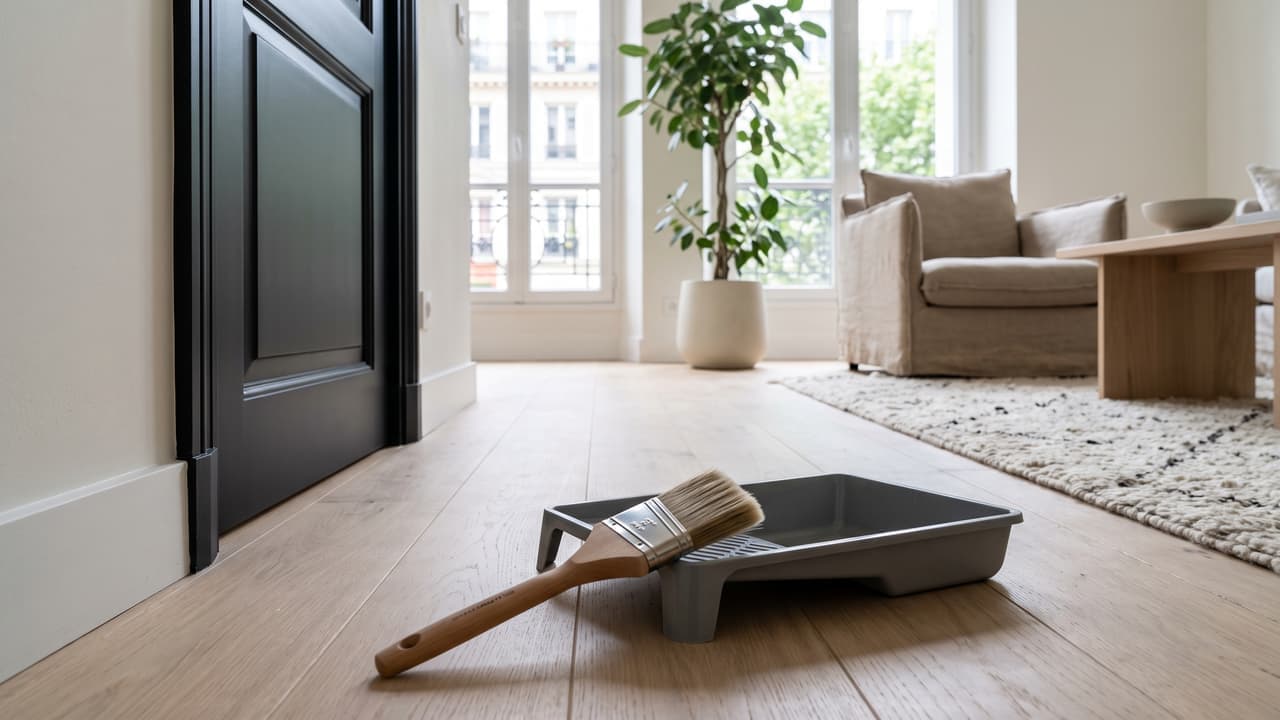 Brosse à rechampir à bout biseauté posée sur un petit bac propre devant une plinthe fraîchement peinte