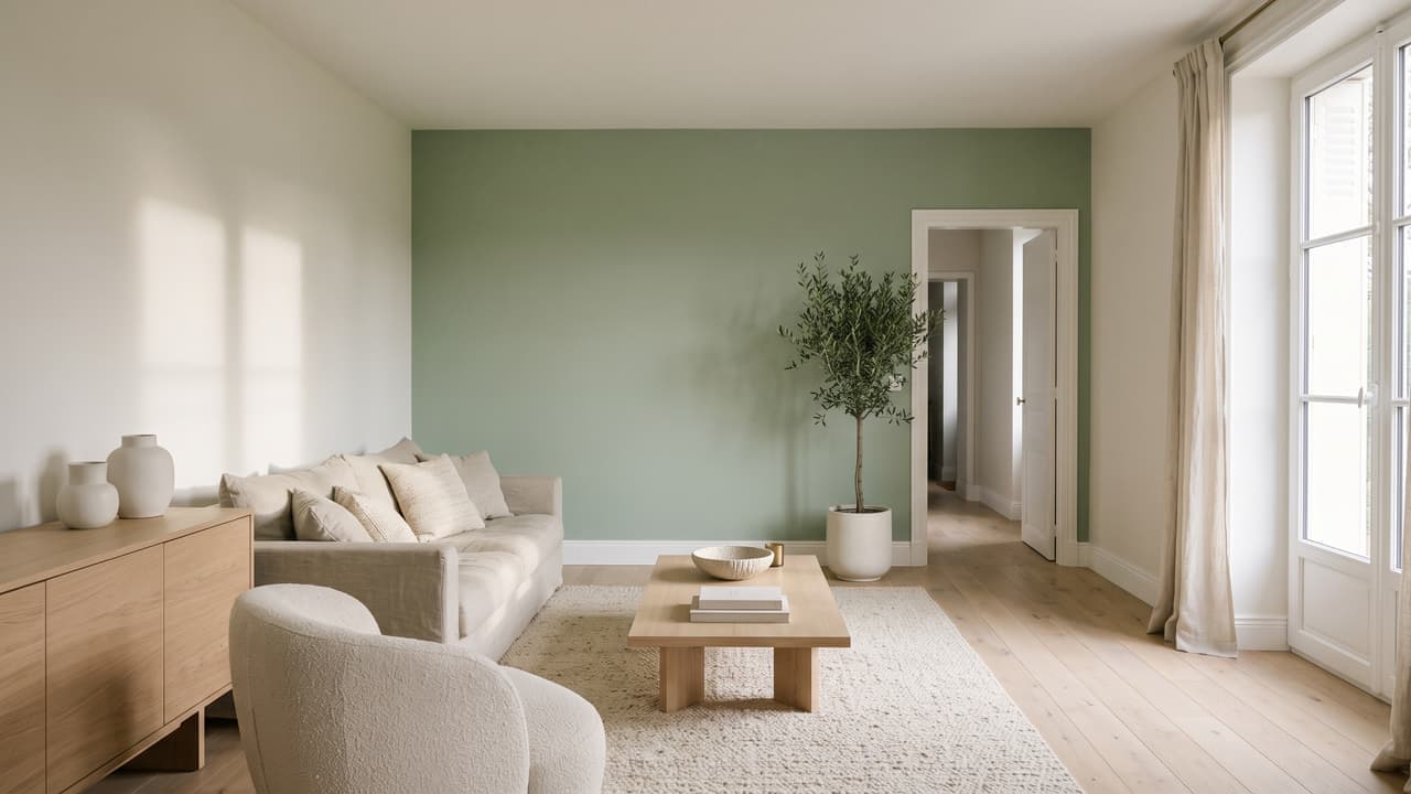 Séjour aux murs vert amande en finition velours et plafond mat profond, angle net entre mur et plafond