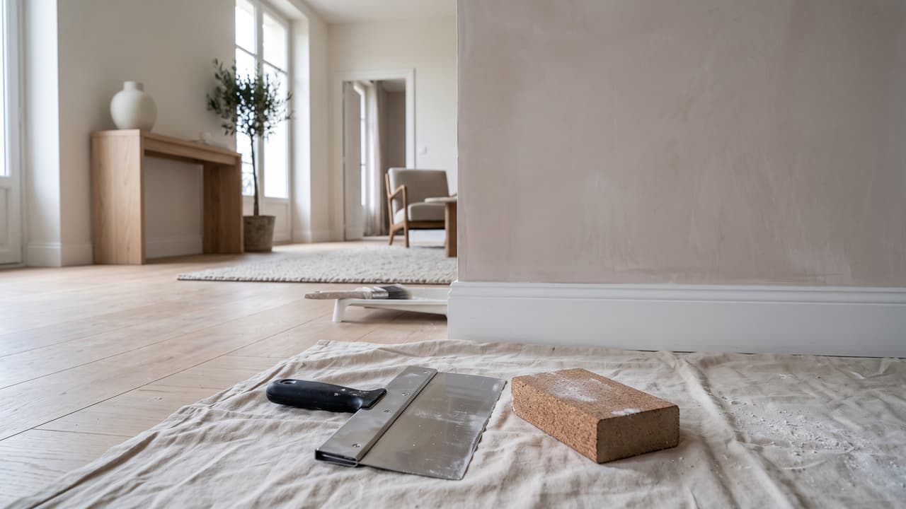 Spatule large et cale à poncer posées devant un mur fraîchement enduit et lissé