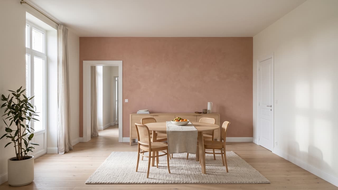 Mur d'accent en enduit décoratif matière terre rosée dans un salon contemporain, murs voisins peints en blanc craie