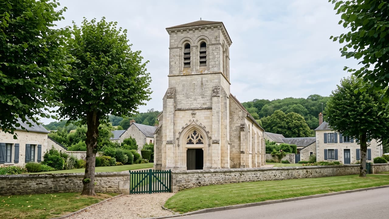 Vue illustrée d'Allonne, l'église du village et son clocher de pierre au-dessus du mur du jardin