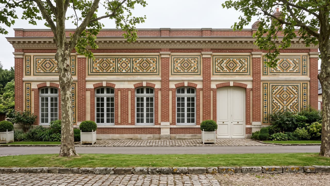 Vue illustrée d'Auneuil, un bâtiment de brique orné de panneaux de céramique, héritage des faïenceries