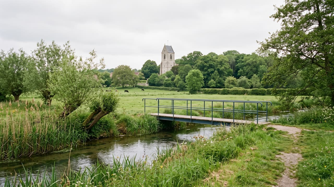 Vue illustrée d'Aux Marais, les prairies humides de la vallée de l'Avelon et le clocher au loin