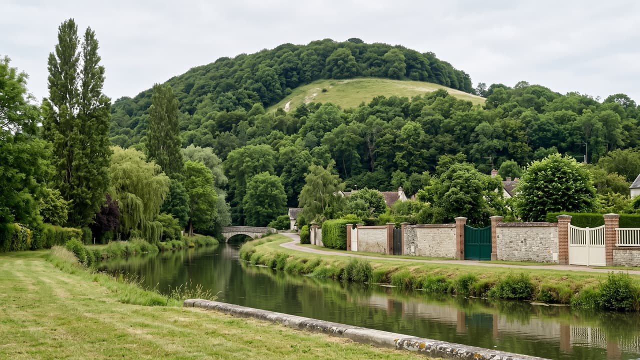 Vue illustrée de Bailleul-sur-Thérain, le coteau boisé du Mont César au-dessus de la rivière