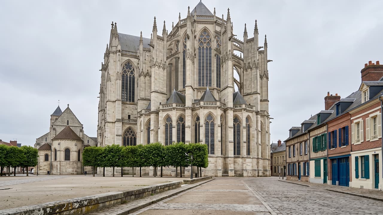 Vue illustrée de Beauvais, le chevet gothique de la cathédrale Saint-Pierre depuis la place