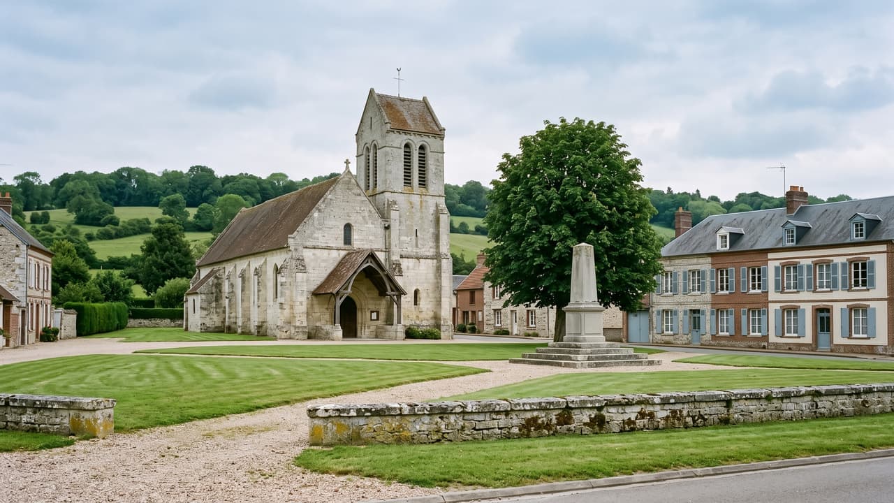 Vue illustrée de Berneuil-en-Bray, la place du village et l'église de pierre du pays de Bray