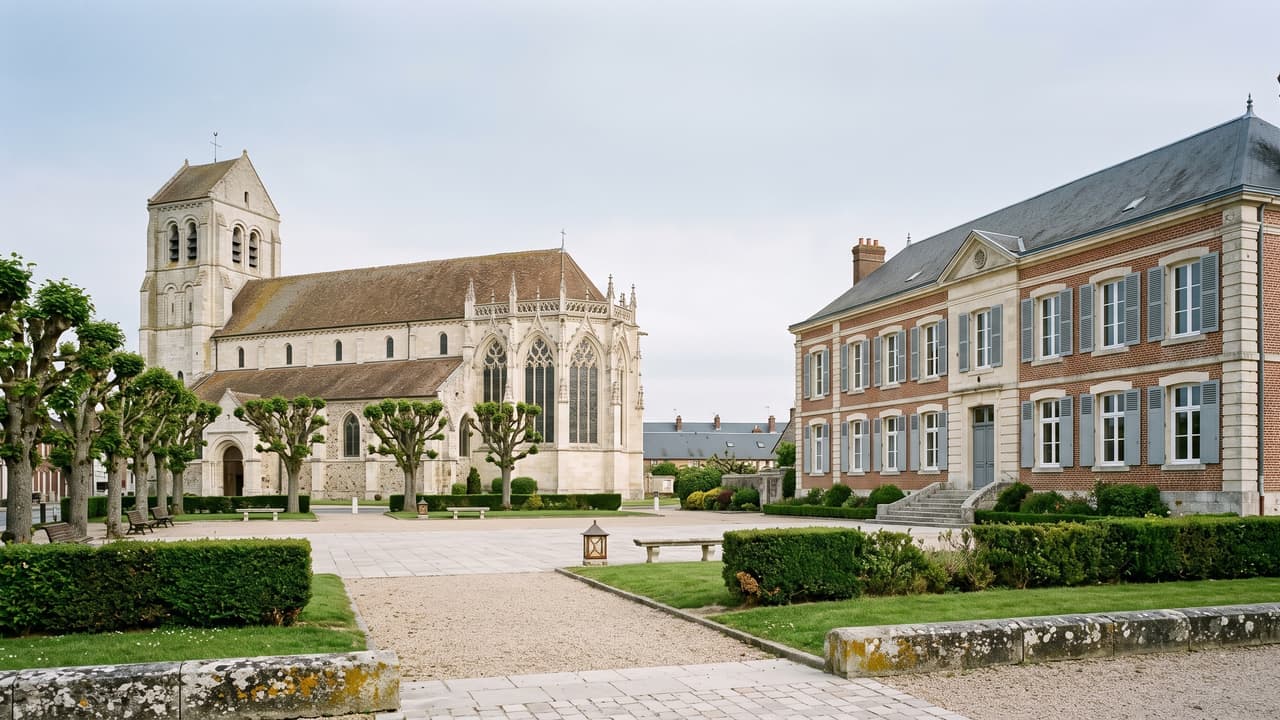 Vue illustrée de Bresles, l'église et l'ancien logis épiscopal autour de la place plantée