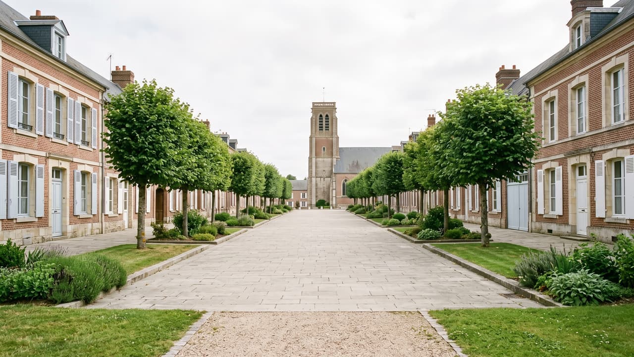 Vue illustrée de Crèvecœur-le-Grand, la grande place bordée de maisons de brique et fermée par le clocher