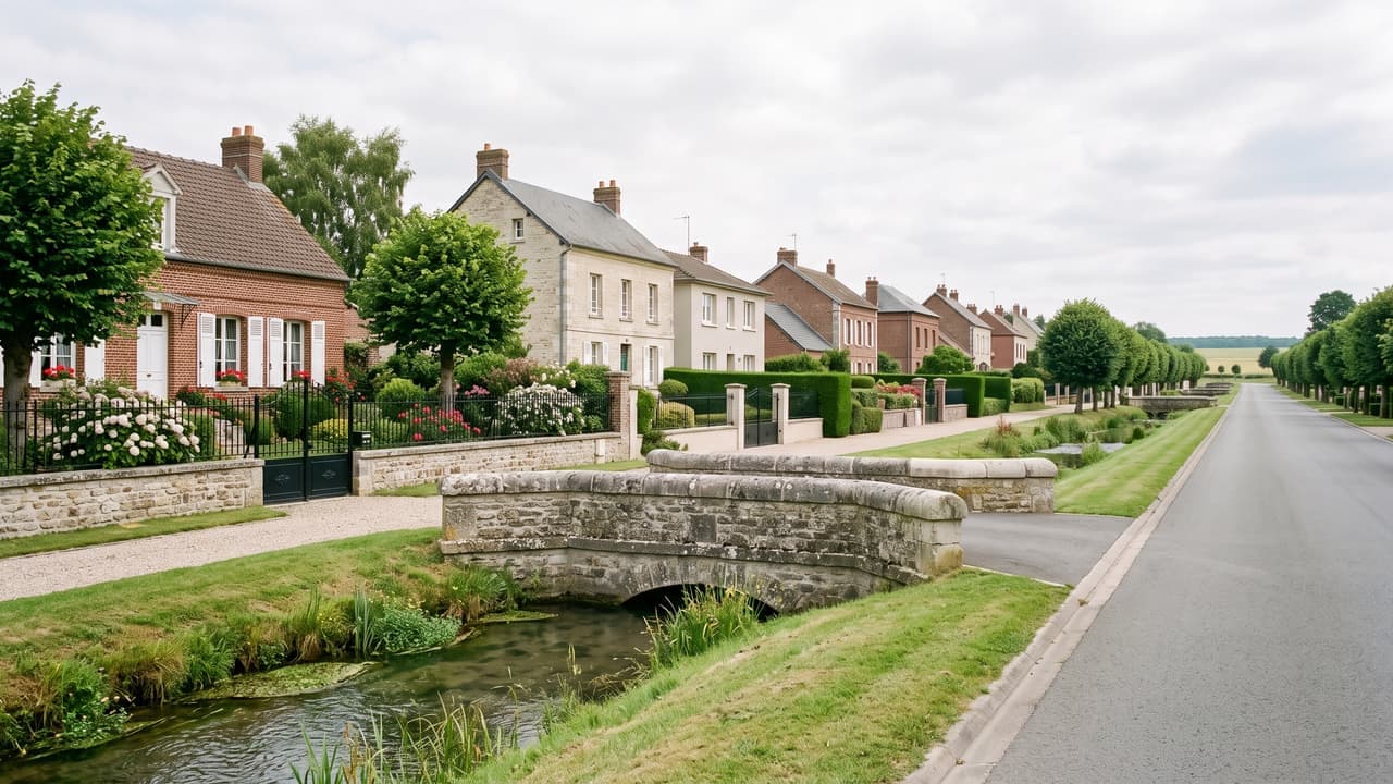 Vue illustrée de Goincourt, le pont de pierre sur l'Avelon et la large rue du village