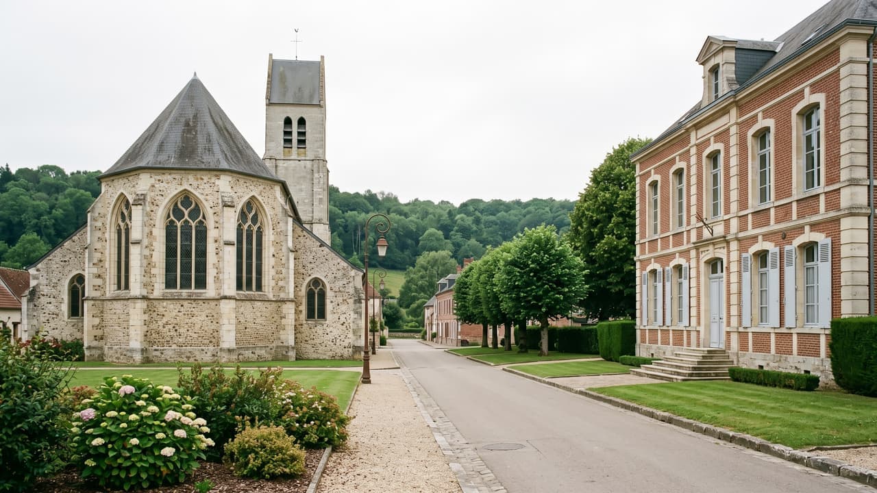 Vue illustrée d'Hermes, l'abside de l'église face à la mairie de brique, dans la vallée du Thérain
