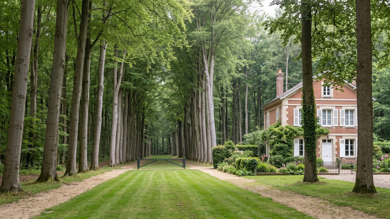 Vue illustrée de La Neuville-en-Hez, une allée de la forêt de Hez et sa maison forestière
