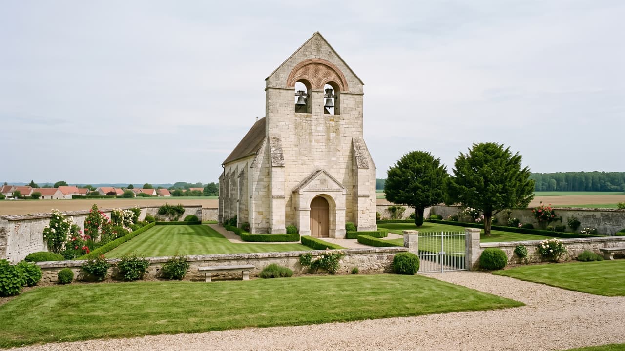 Vue illustrée de La Rue-Saint-Pierre, l'église à clocher-peigne et son enclos sur la plaine