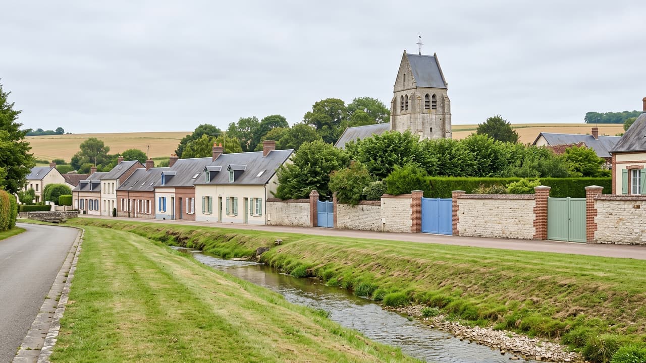 Vue illustrée de Laversines, le ruisseau du vallon, les maisons du village et le clocher