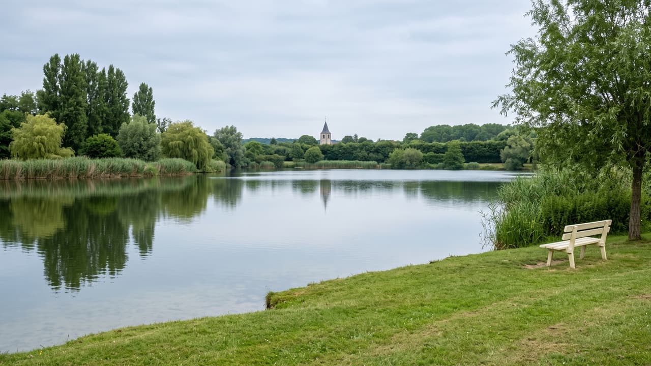 Vue illustrée de Milly-sur-Thérain, les étangs bordés de roseaux et de peupliers