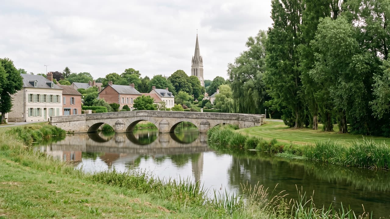 Vue illustrée de Rochy-Condé, le pont de pierre sur le Thérain et la flèche de l'église
