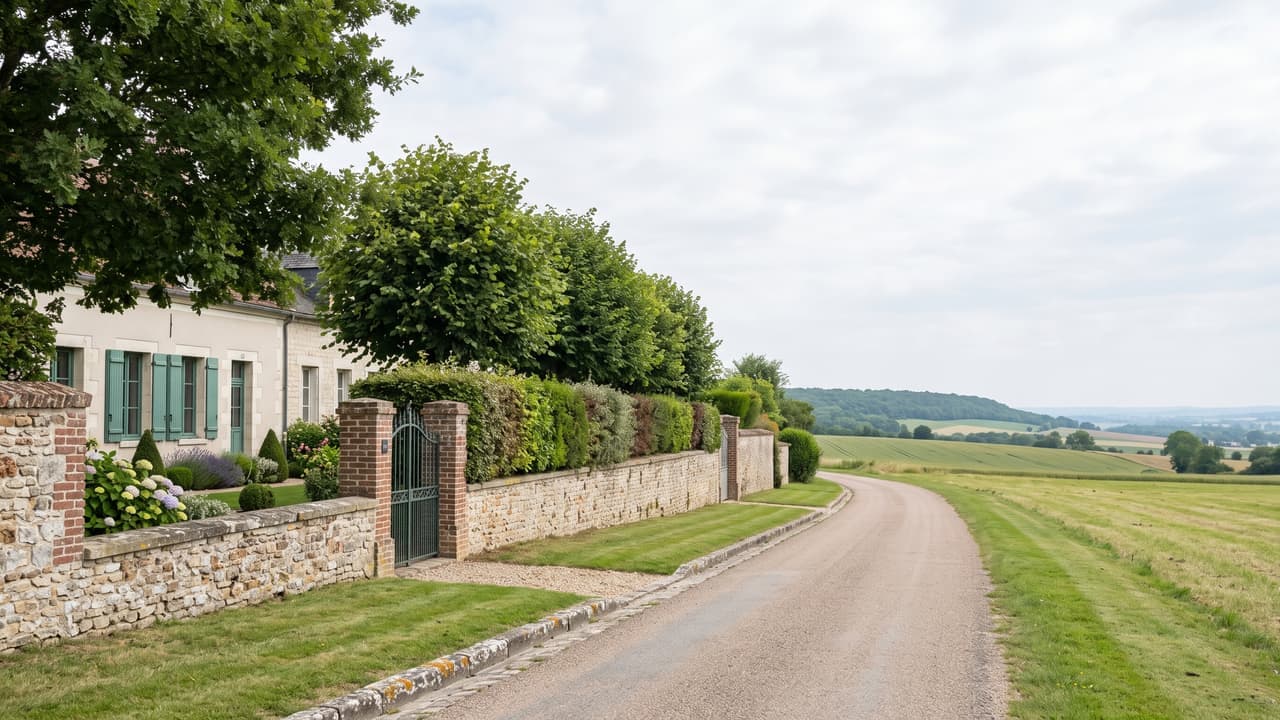 Vue illustrée de Saint-Martin-le-Nœud, la sortie du village ouverte sur le plateau boisé