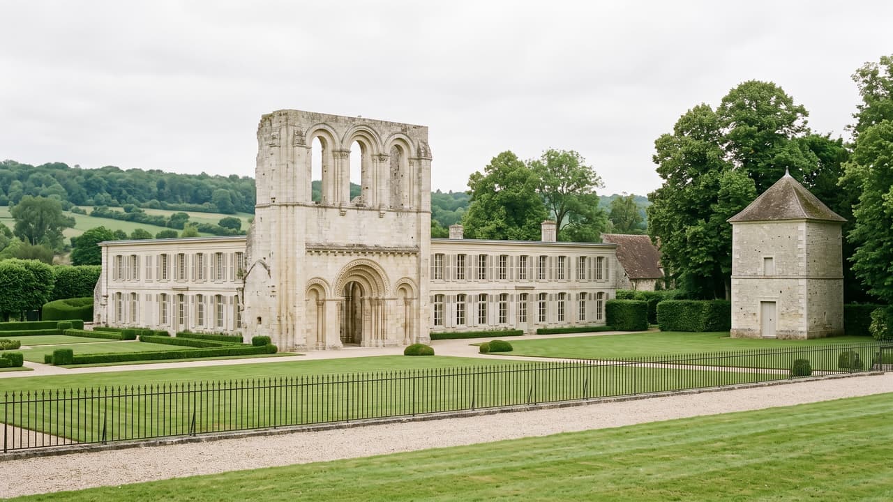 Vue illustrée de Saint-Paul, les ruines romanes de l'abbaye et son colombier dans le parc