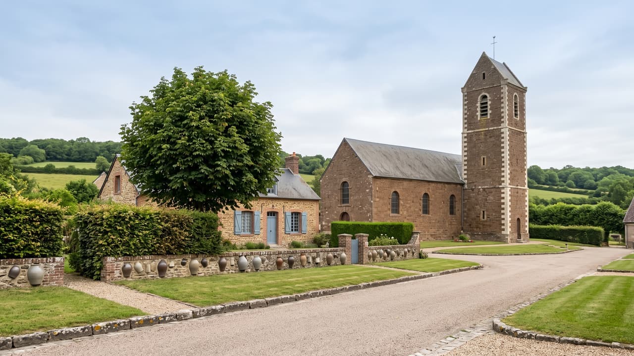 Vue illustrée de Savignies, l'église de grès et le mur à pots du village de potiers