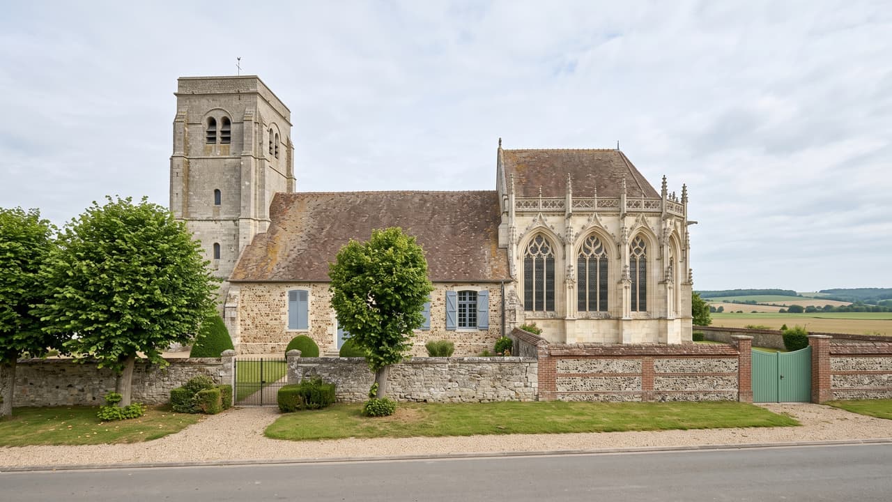 Vue illustrée de Therdonne, l'église isolée en bordure du village et son chevet flamboyant