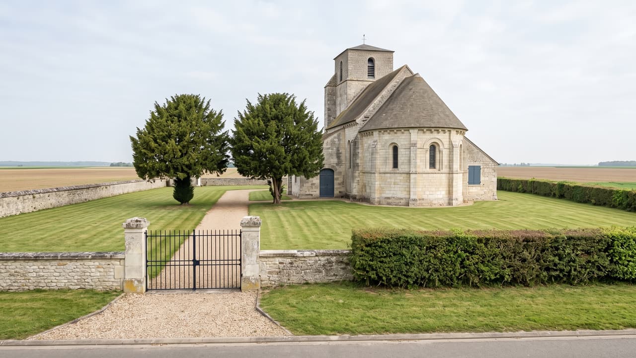 Vue illustrée de Tillé, la petite église romane et son abside ronde sur le plateau