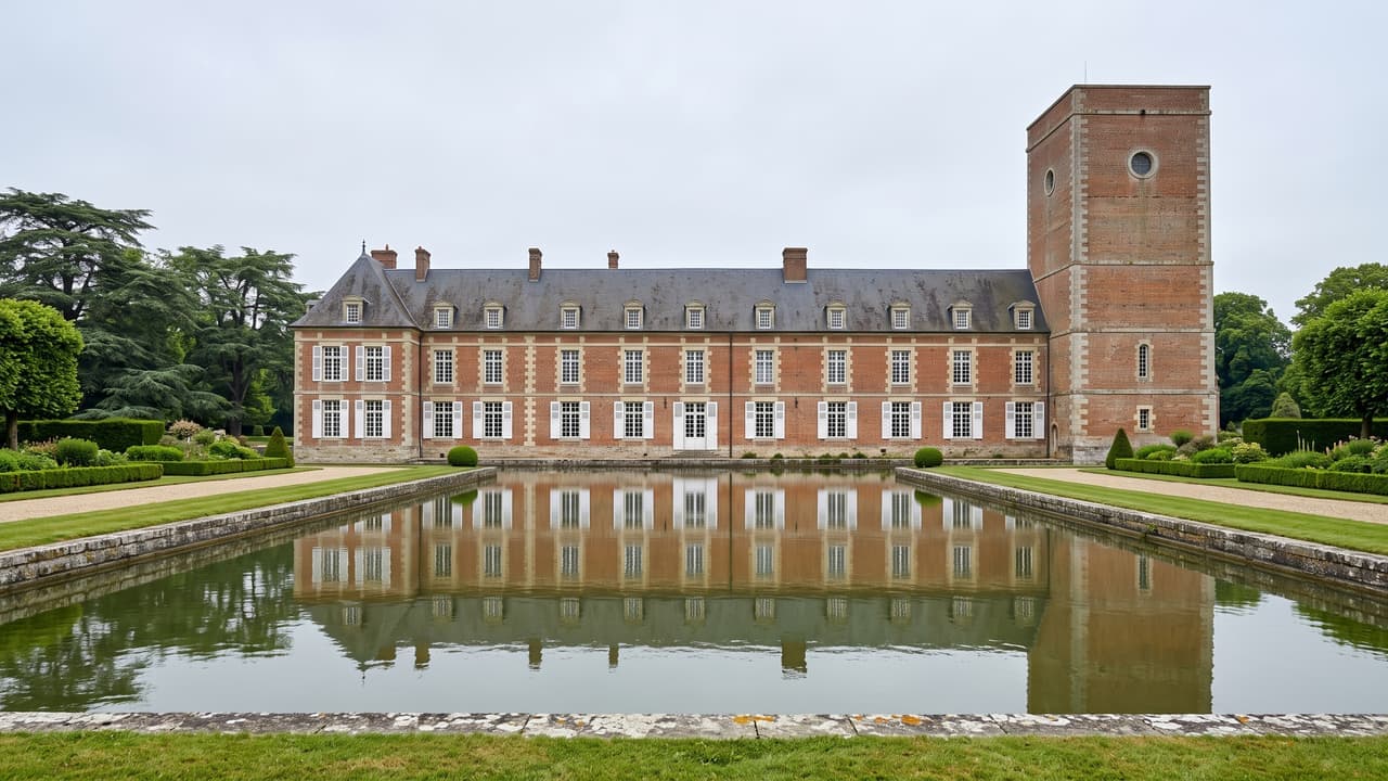 Vue illustrée de Troissereux, le château de brique et pierre reflété dans ses douves