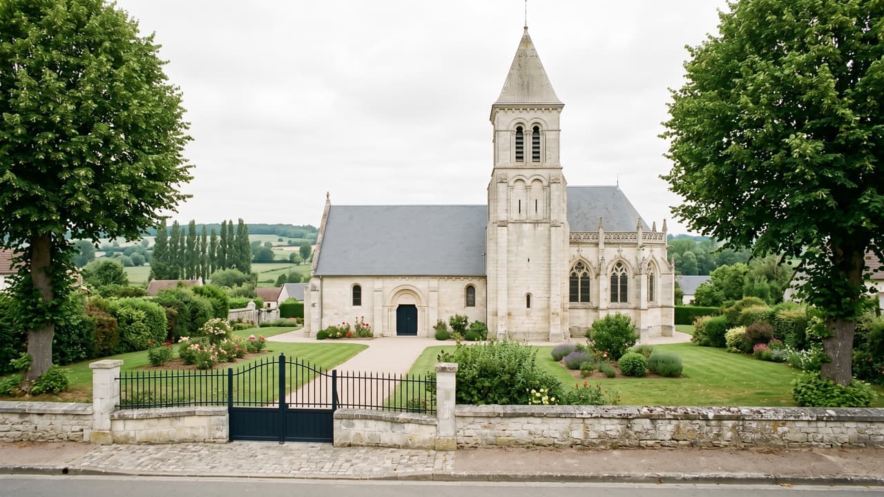 Vue illustrée de Warluis, l'église et son clocher roman au sud de la nef