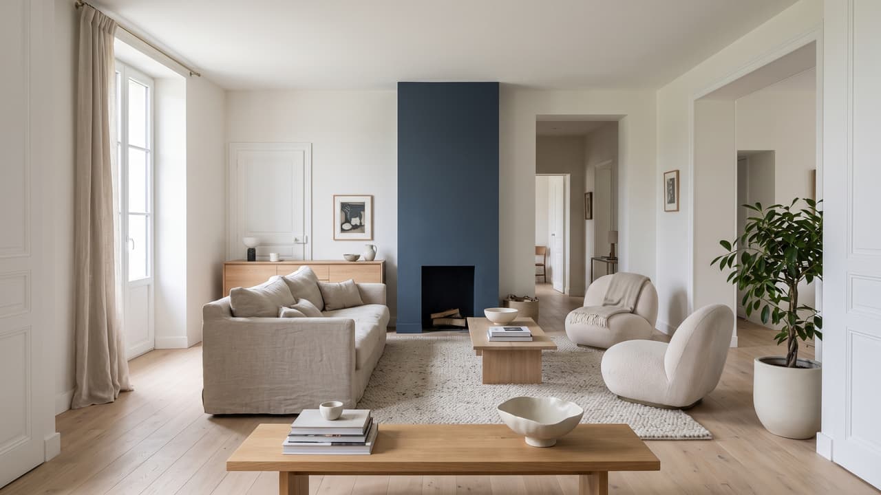 Séjour entièrement repeint, trumeau de cheminée en bleu profond d'un seul ton, murs blanc craie et plafond mat