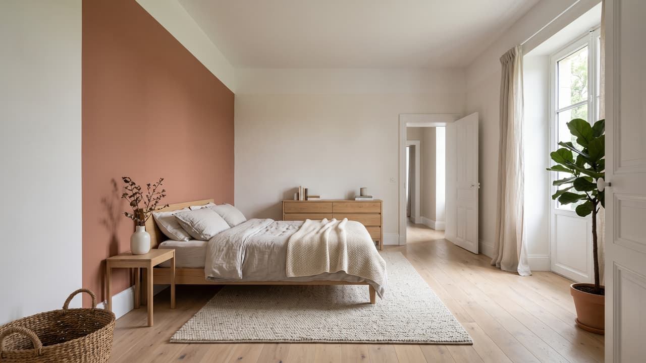 Chambre repeinte, mur terre rosée uniforme, plafond mat profond, porte à panneaux en satin blanc