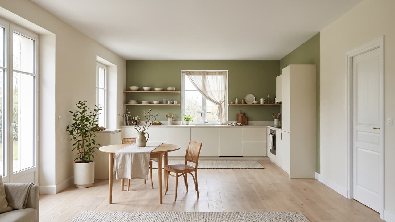 Cuisine ouverte repeinte, mur vert olive tenu d'un angle à l'autre, plafond blanc parfaitement uni