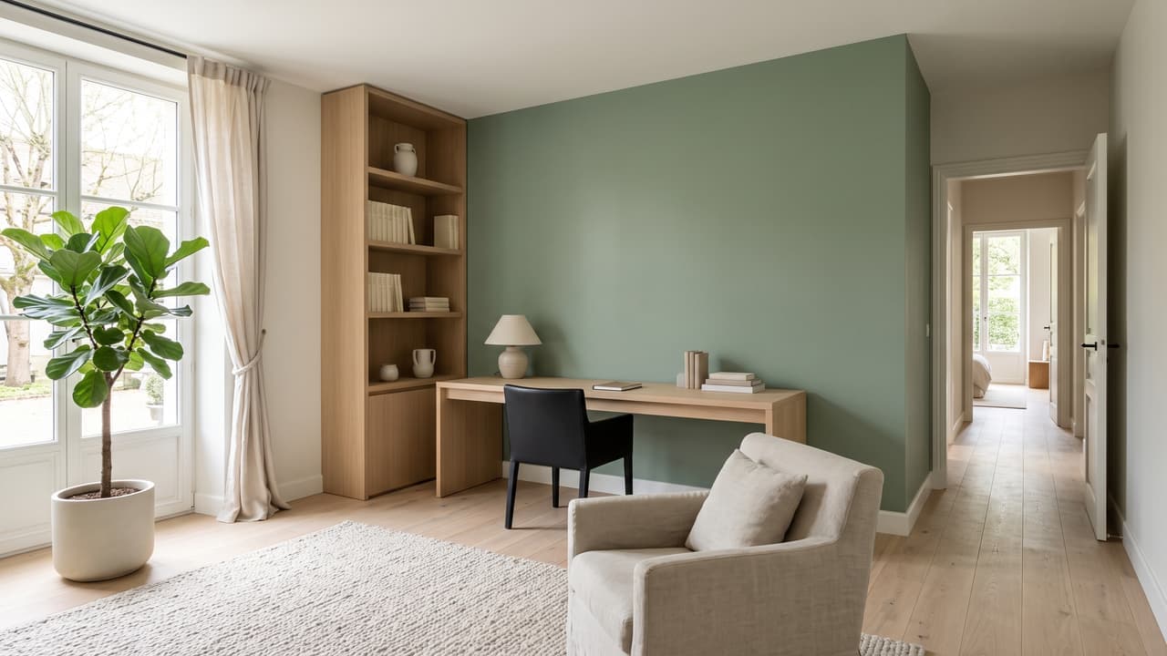 Bureau repeint, mur vert amande d'un seul ton, menuiseries et plinthes en satin blanc