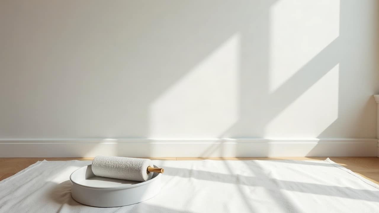 Lumière rasante d'une fenêtre révélant une ligne de fantômage le long d'une bande de joint sur un mur peint