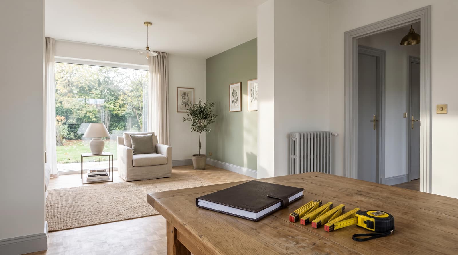 Carnet de chantier fermé posé sur une table avec un mètre ruban replié, dans un salon préparé avant devis