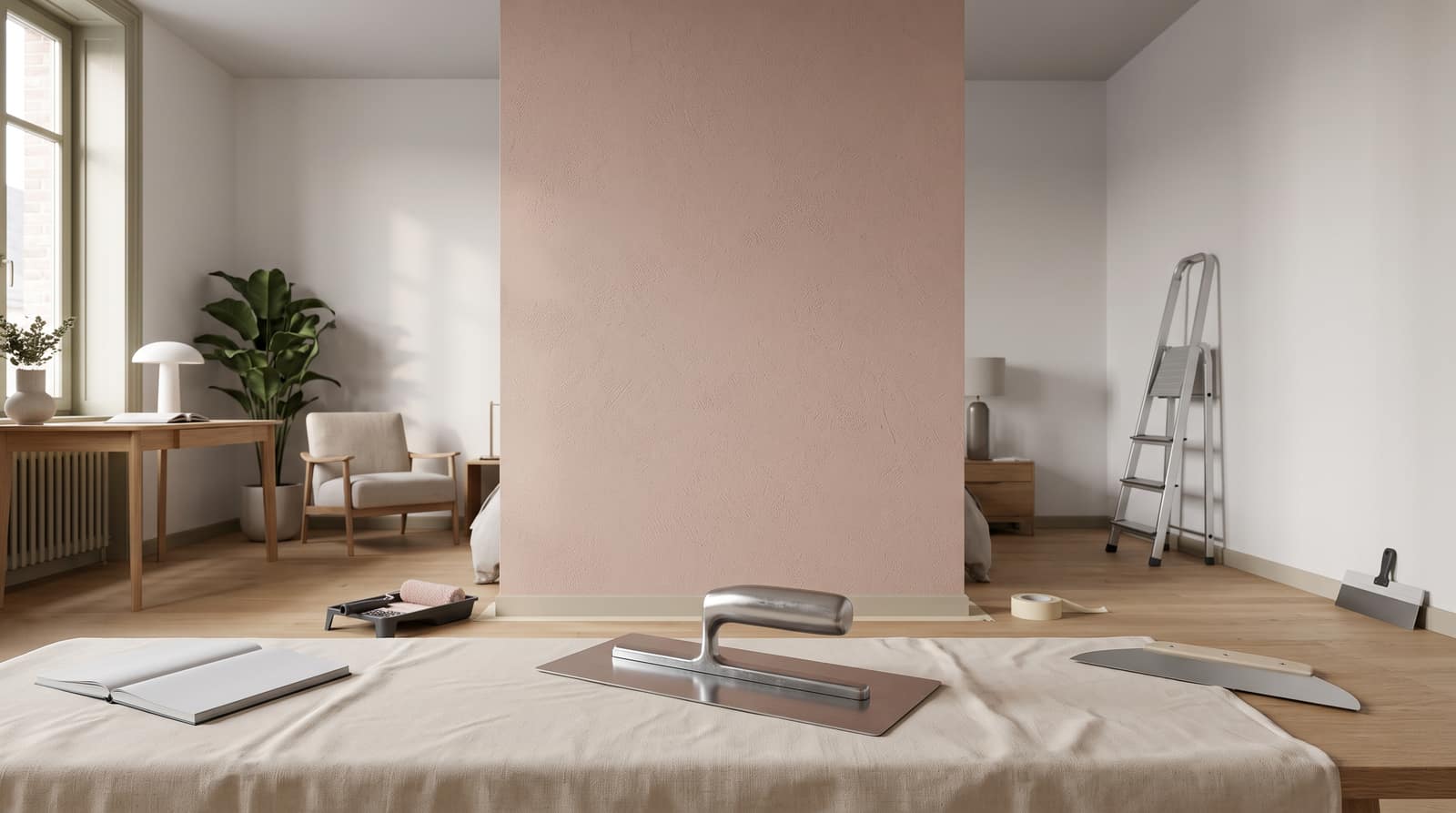 Platoir inox posé à plat sur un plan de travail protégé, devant un mur d'accent à l'enduit décoratif au relief naissant