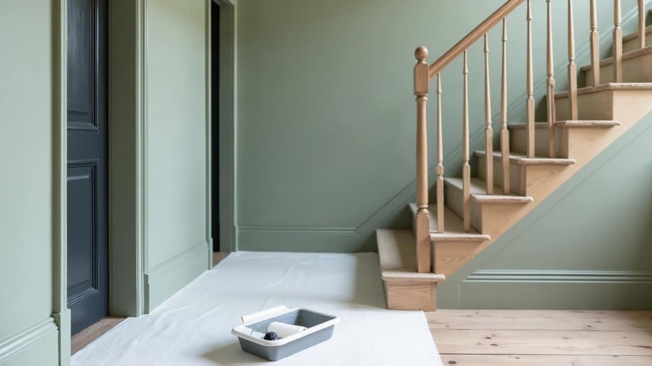Plateforme de travail à pieds réglables installée sur une volée d'escalier, rampe et sol protégés avant peinture