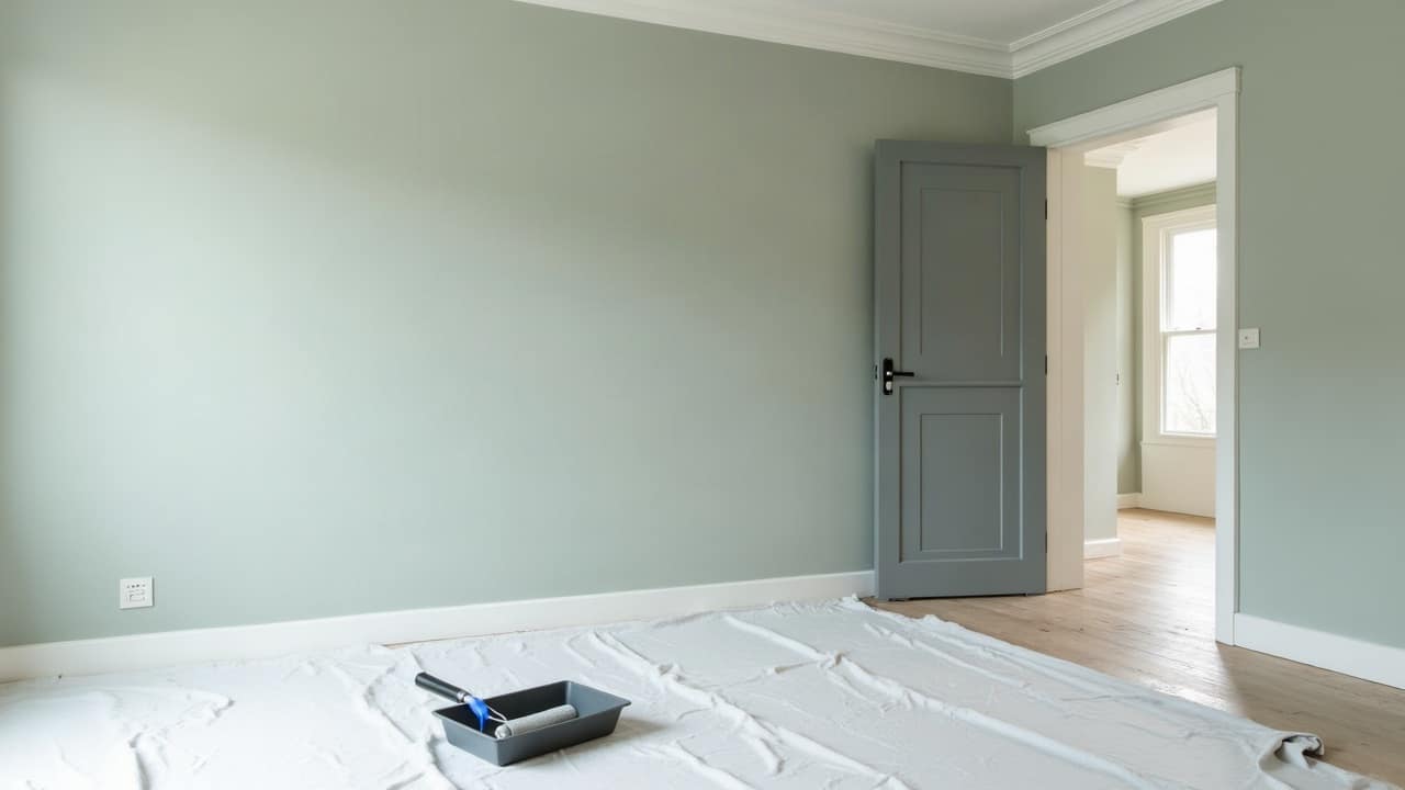 Zone de vie séparée par un film plastique tendu du sol au plafond pendant un chantier de peinture en cours