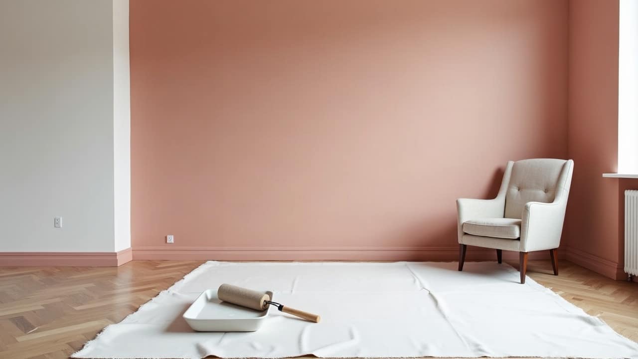 Mur peint dans un ton clair légèrement chaud, pièce peu exposée à la lumière naturelle en fin de journée