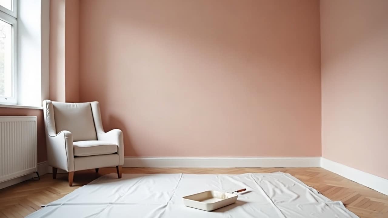 Passage de la sous-couche d'accrochage au rouleau sur une cloison en plaques de plâtre neuves et bandes poncées