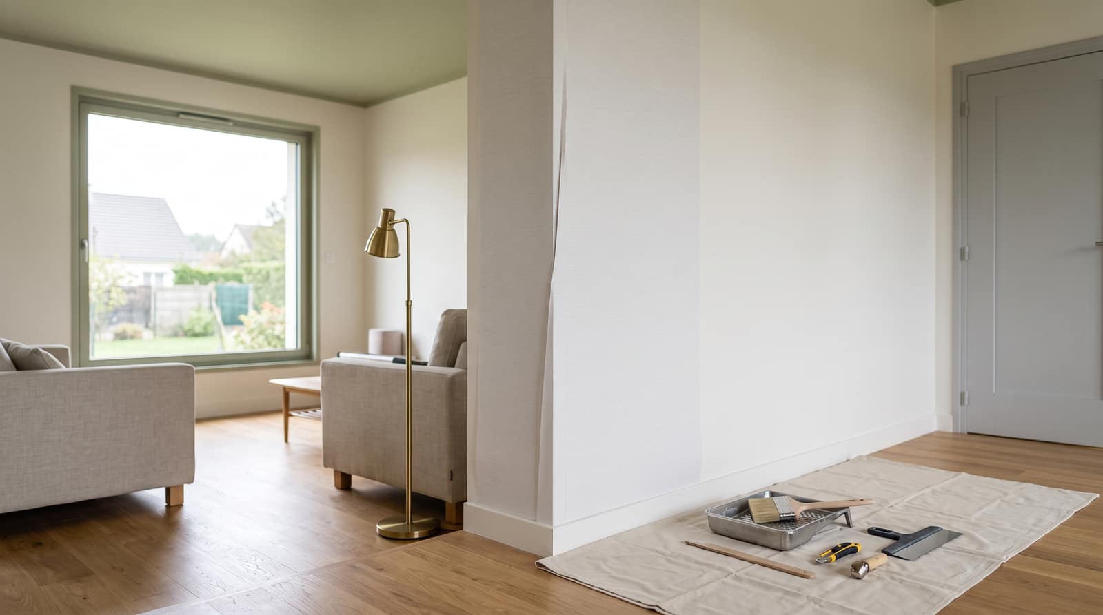 Angle rentrant d'une pièce avec deux lés de papier peint intissé se chevauchant légèrement avant découpe