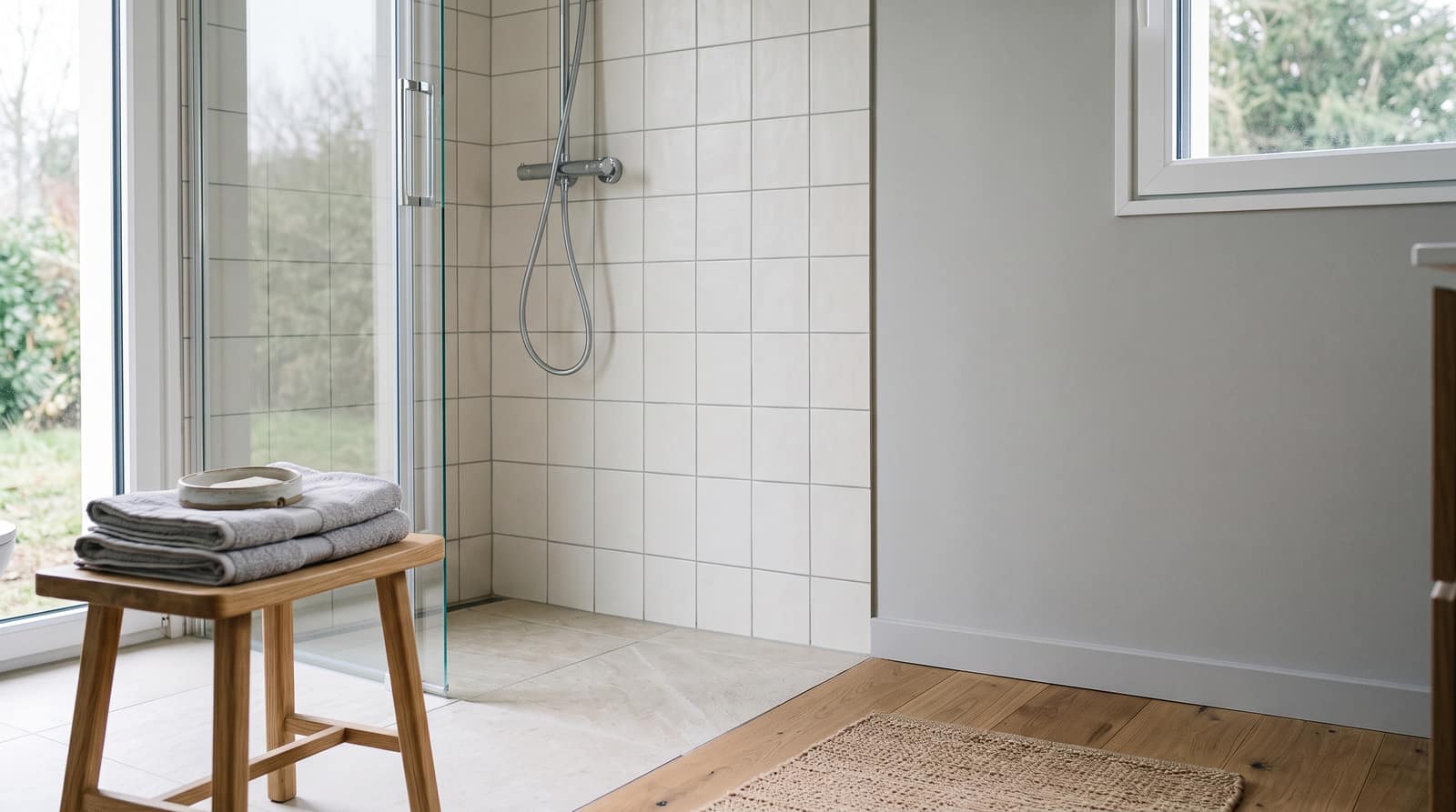 Zone de douche carrelée jouxtant un mur peint en satin gris clair, transition nette entre les deux revêtements