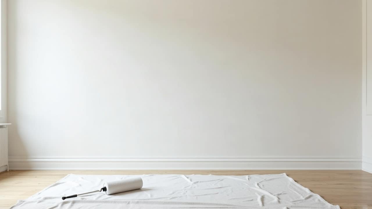 Pinceau plat guidé le long de l'angle entre un mur clair et un plafond blanc, ligne de peinture nette et continue
