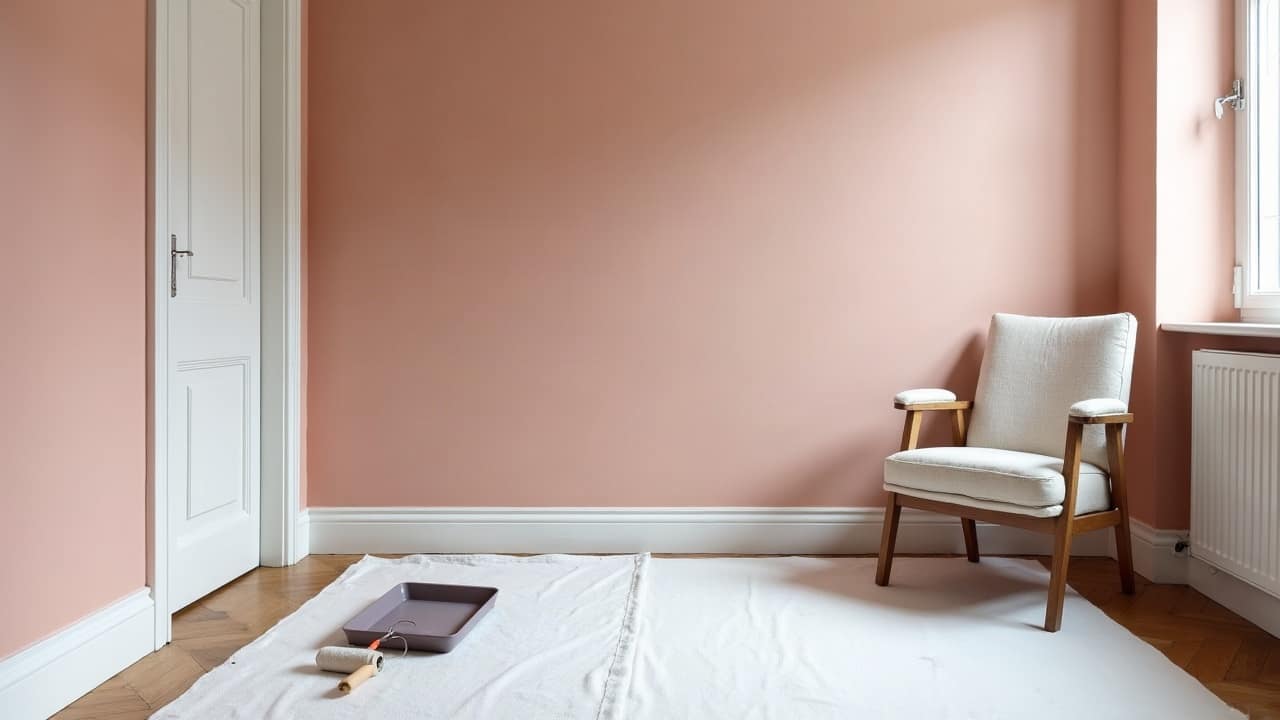 Outil de protection glissé sous une plinthe blanche pendant l'application de peinture, sol en parquet protégé
