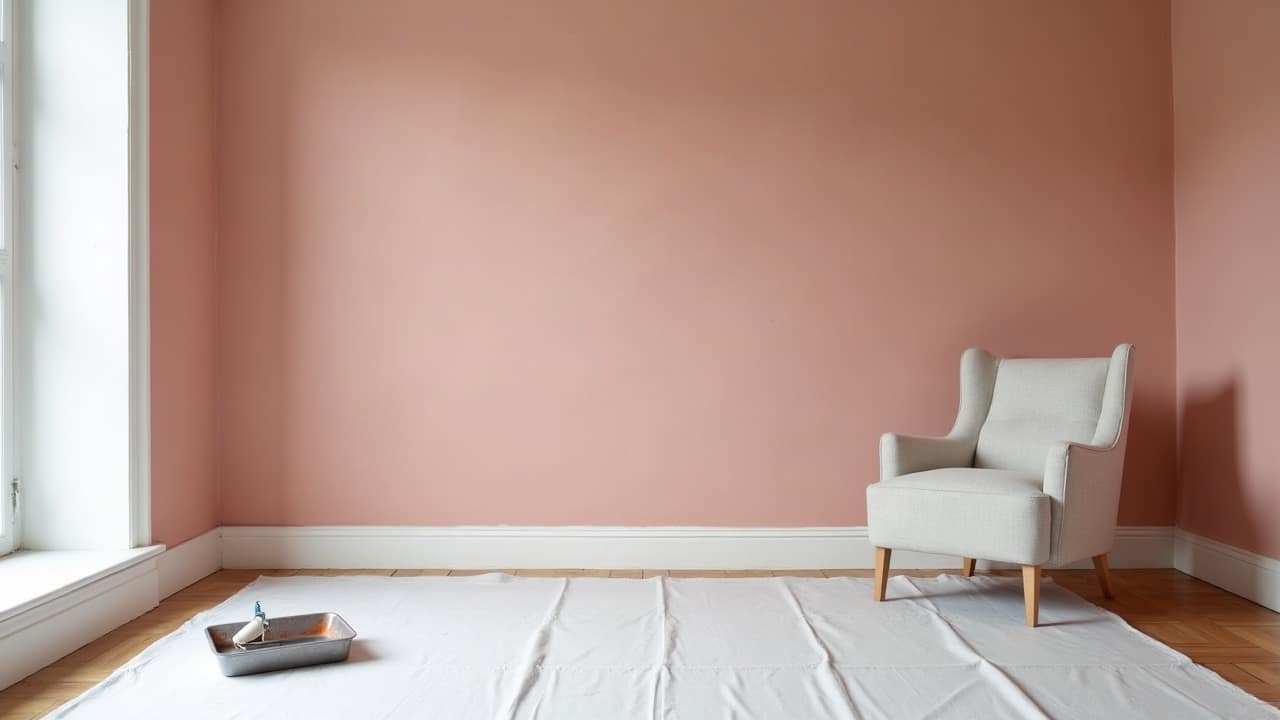 Rouleau posé sur un bac de peinture, mur en attente du délai de séchage avant application de la couche suivante